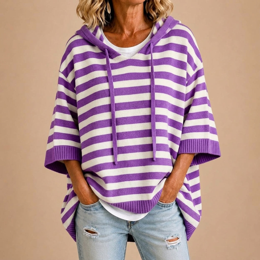 Meta | Gestreepte gebreide poncho met capuchon