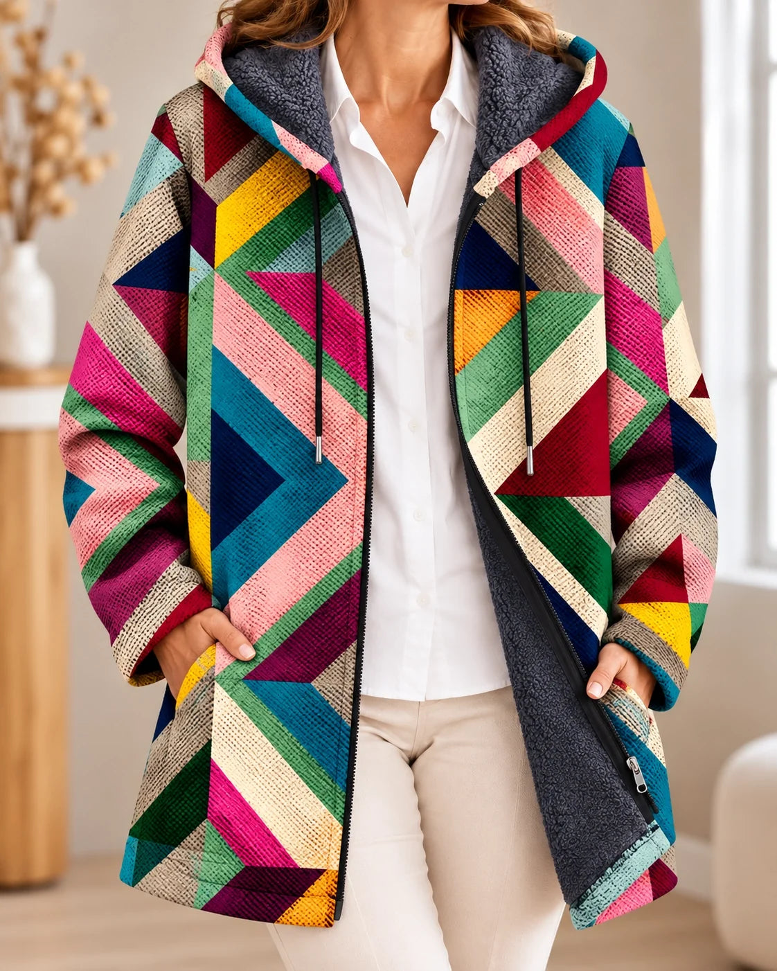 Adrienne | Geometrische gevoerde cardigan met capuchon