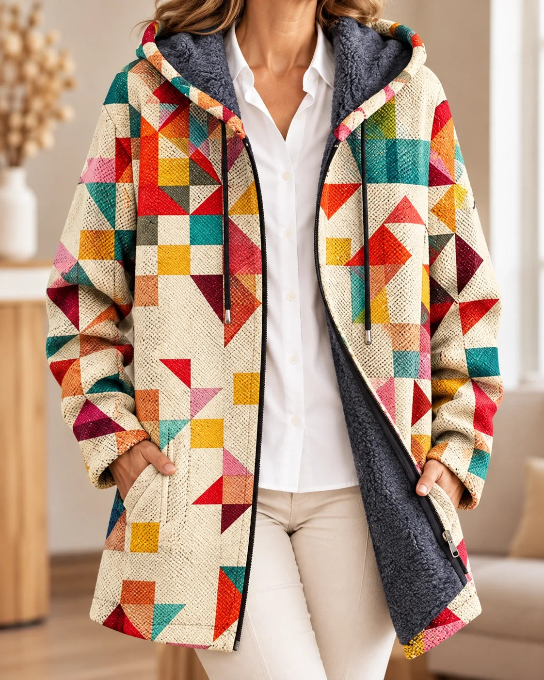 Adrienne | Geometrische gevoerde cardigan met capuchon