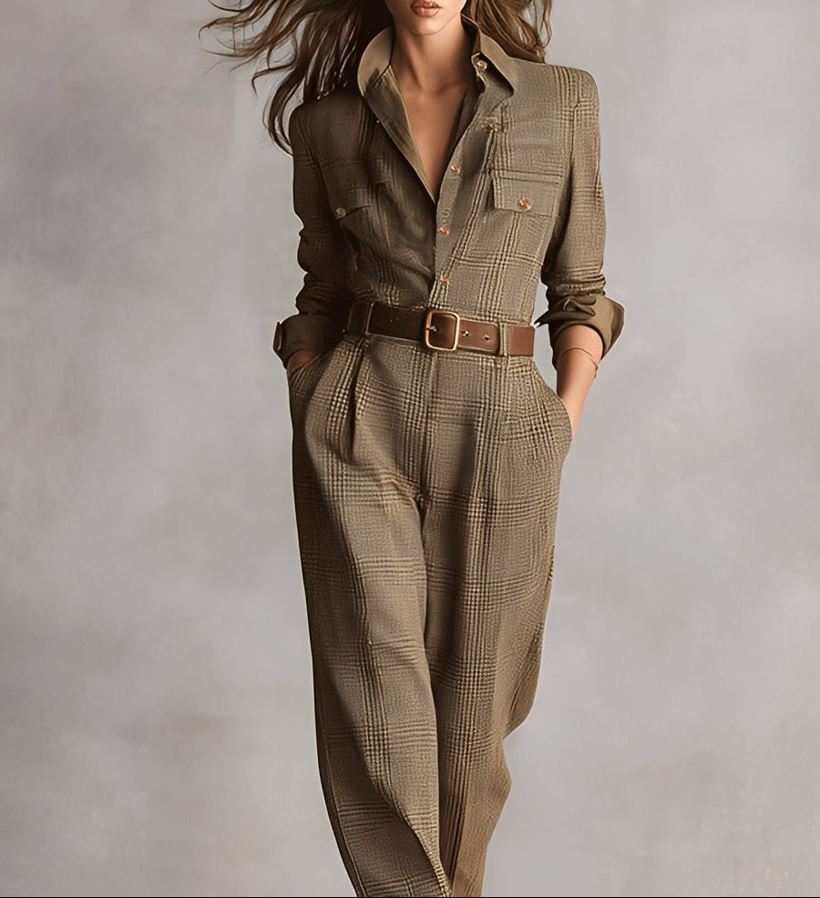 Aleksandra | Bruin geruite elegante jumpsuit