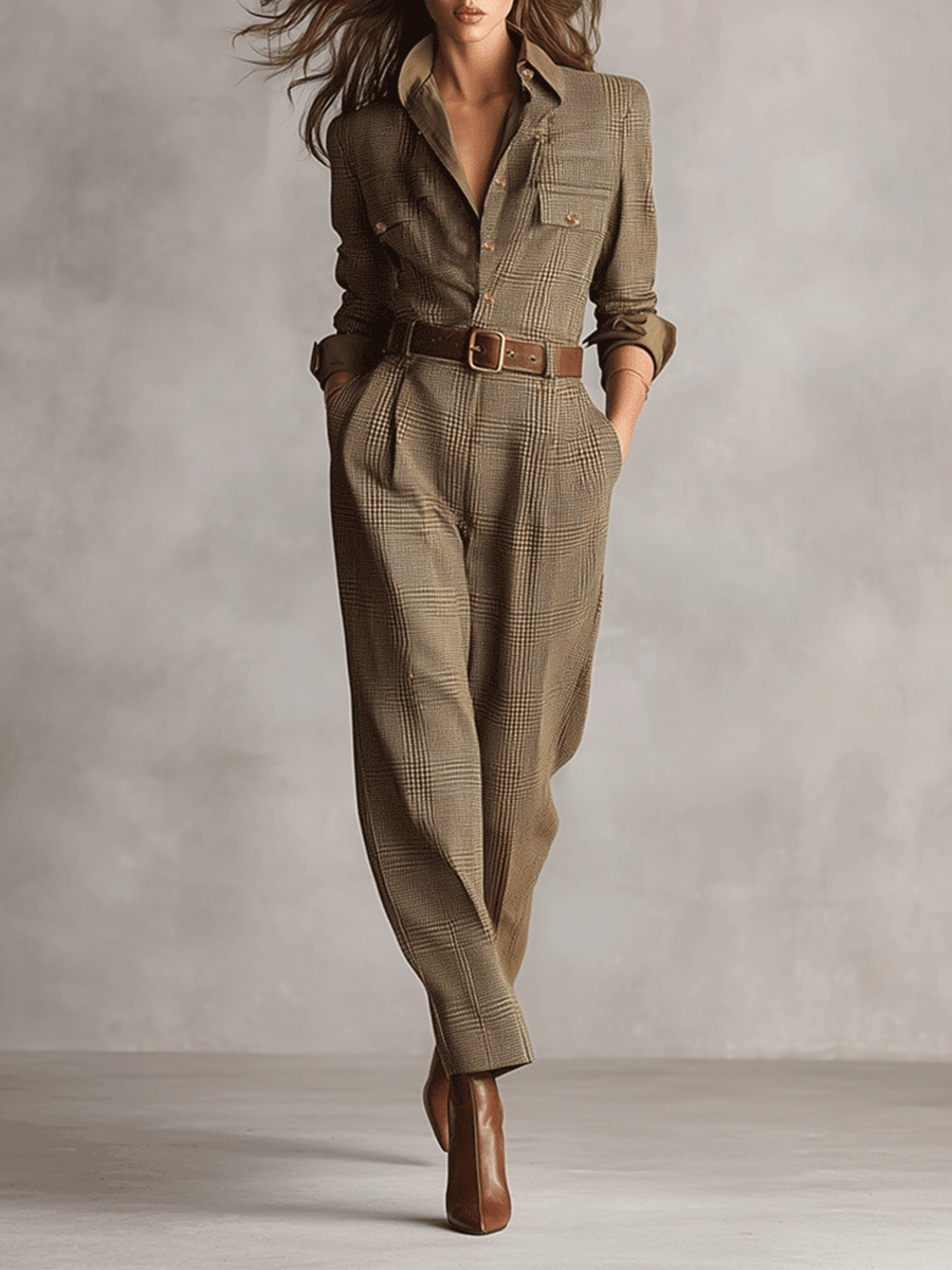 Aleksandra | Bruin geruite elegante jumpsuit
