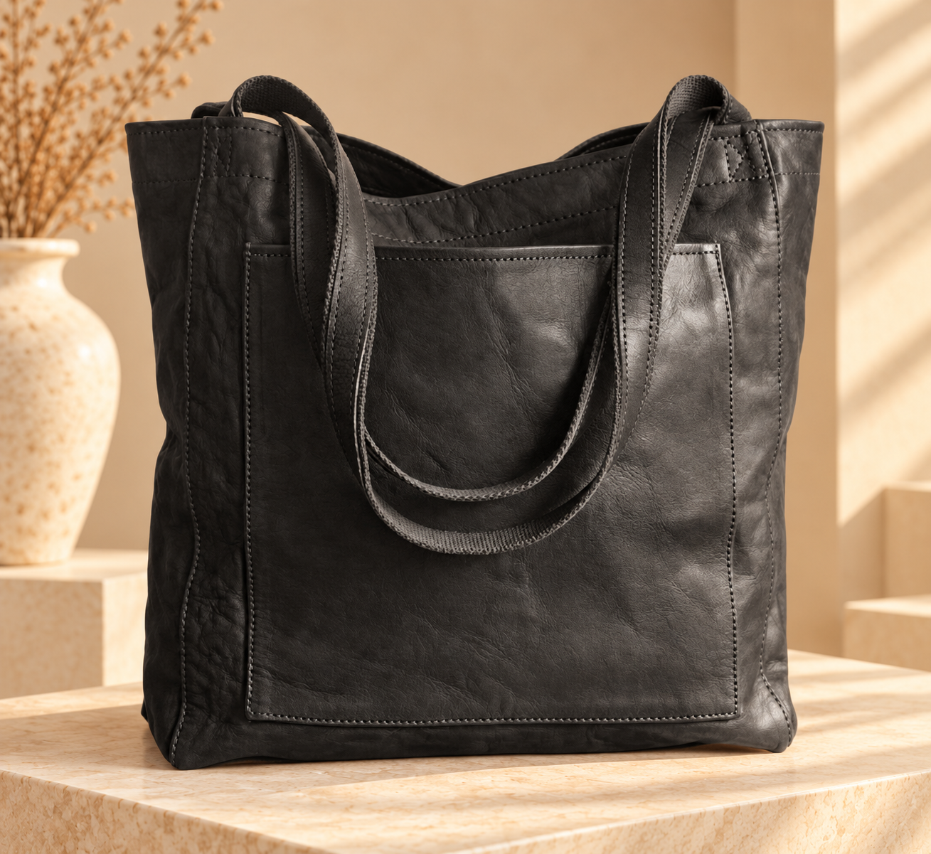 Mylene | Lichte leren shopper met ritssluiting