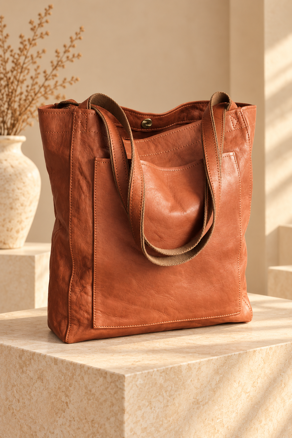 Mylene | Lichte leren shopper met ritssluiting